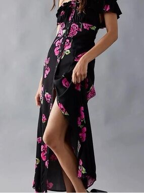 Free People Black Pink Floral Off Shoulder Button Front Maxi Dress Size M